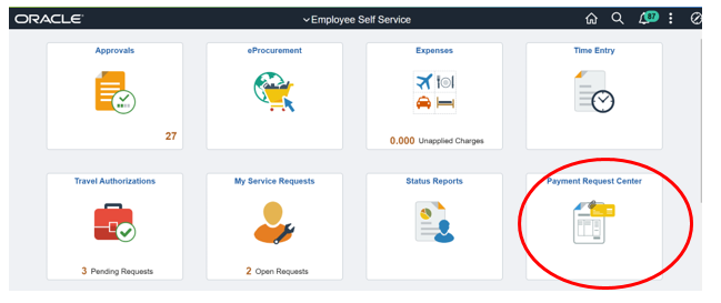 Payment Request Center tile on Employee Self Service homepage